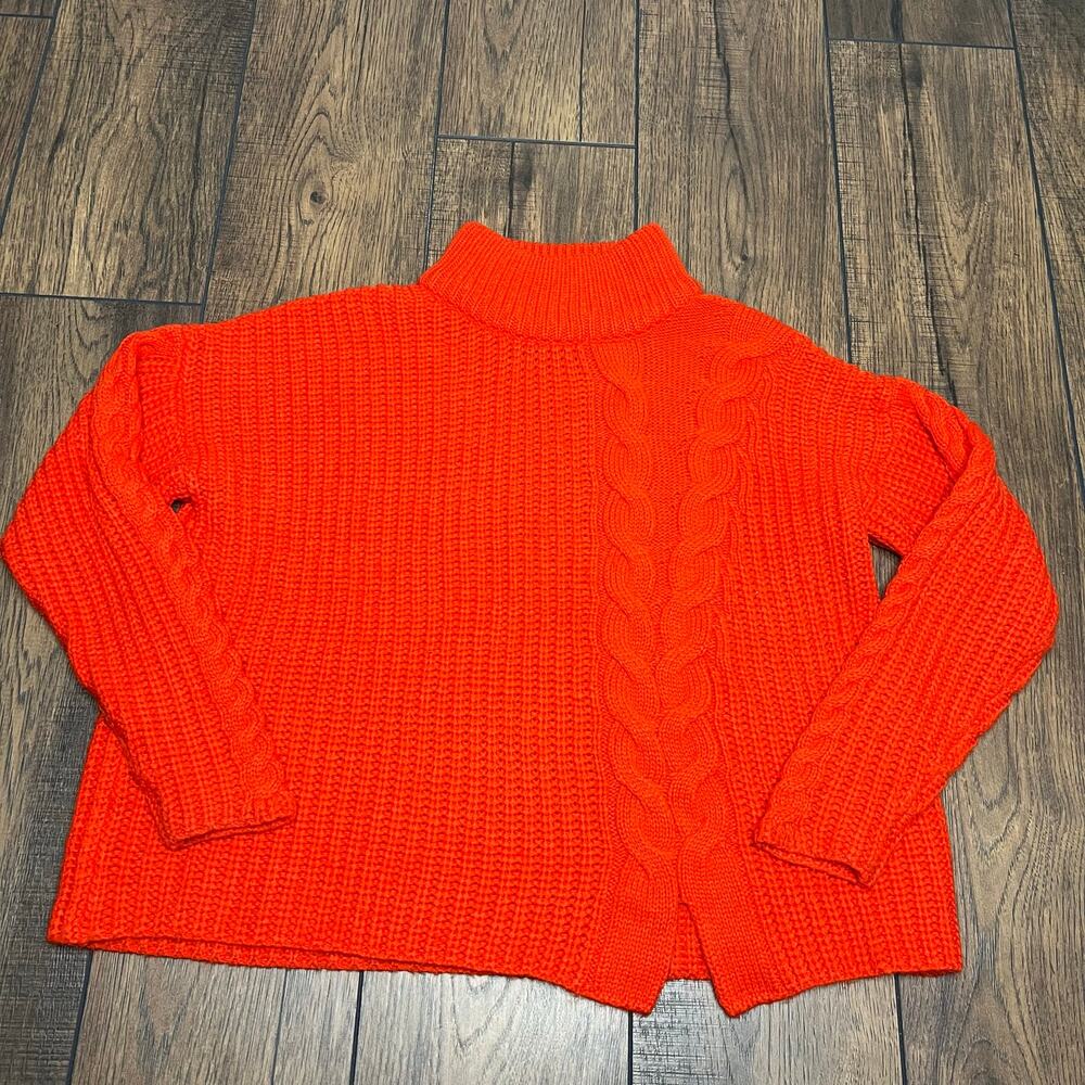 Women's Orange Chunky Cable Knit Mock Neck Sweater Preppy Cabincore Boho Size L